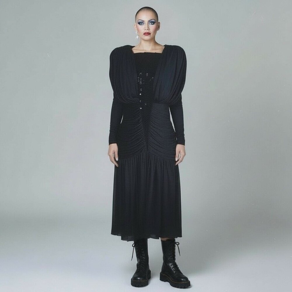 Vintage 1980s Claraluna Originals Dress Sz Small Black Coffin Pleat Vamp Disco